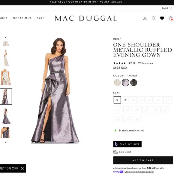 NWT Mac Duggal [ 14 ] One‎ Shoulder Metallic Ruffled Gown in Amethyst #S1042 - Picture 3 of 16